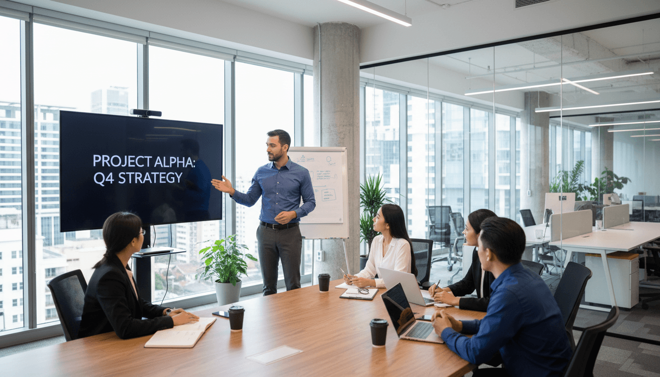 Engineer leading franchise business team meeting