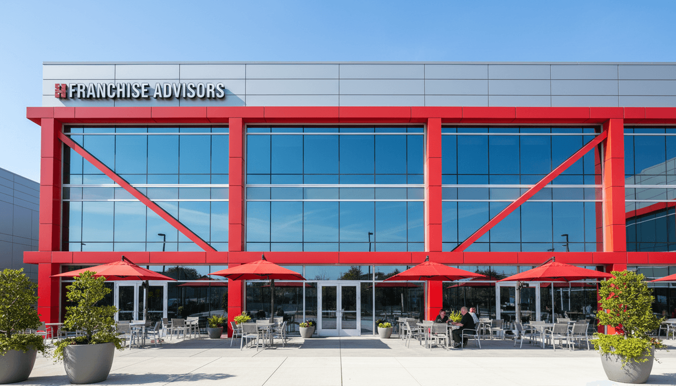 Modern red and grey commercial building featuring large windows and outdoor seating with red umbrellas.