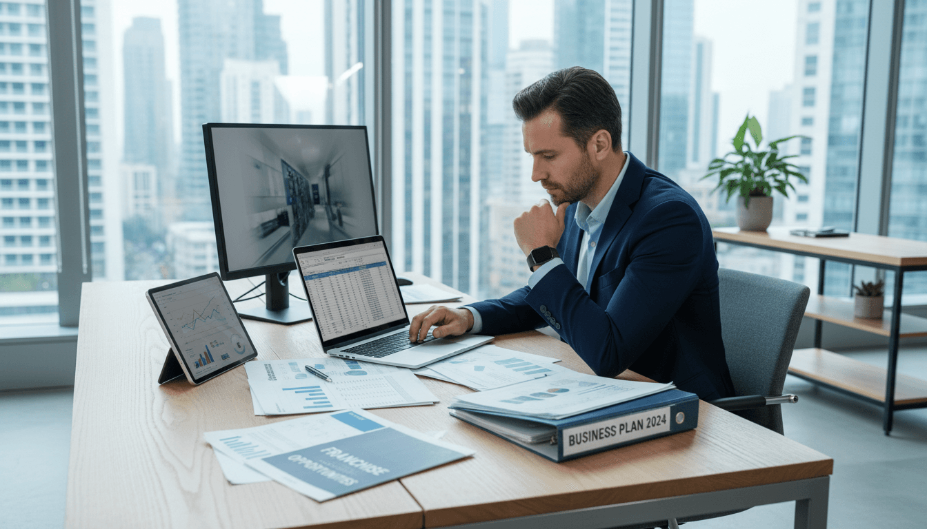 Engineer reviewing franchise business plans and opportunity documents at a professional desk