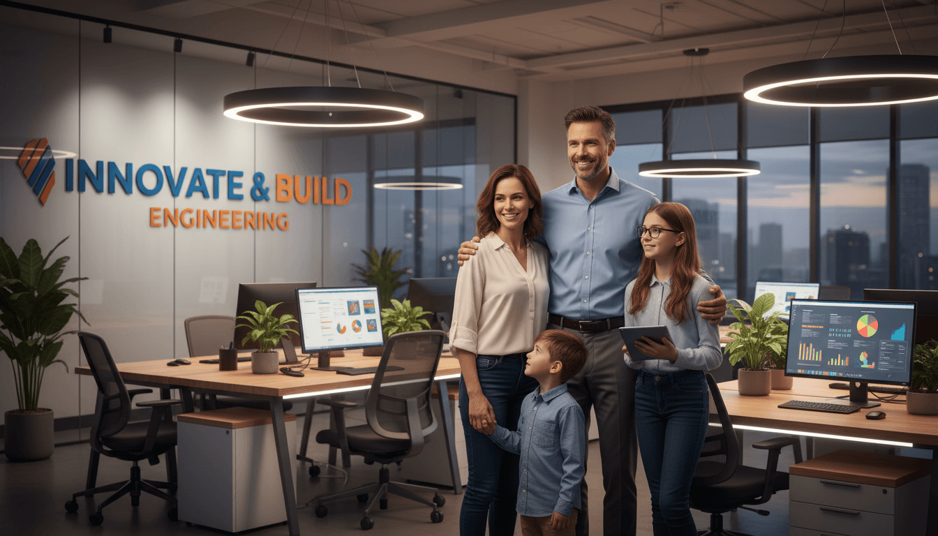 Engineer with family in franchise business office