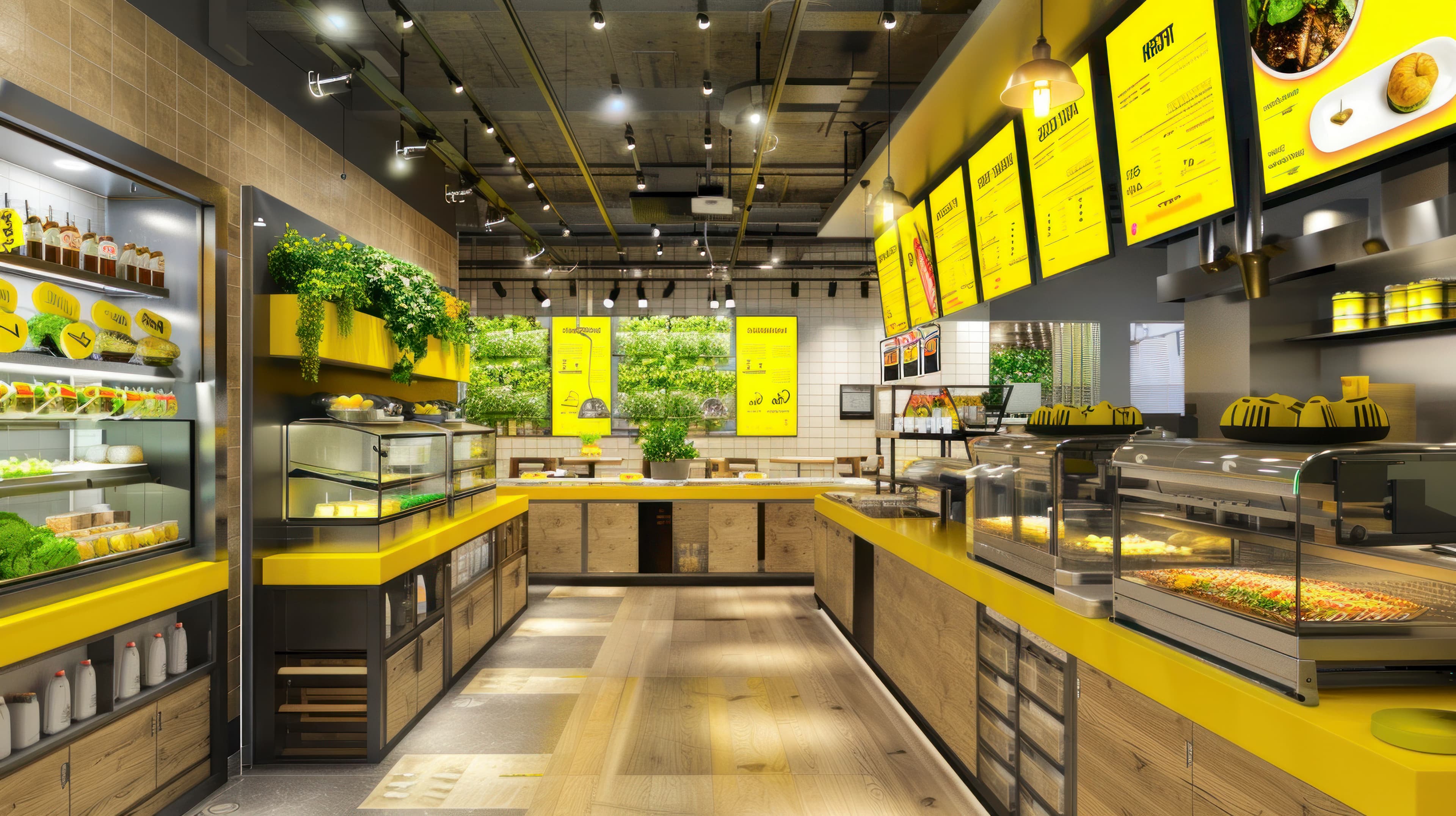 Modern cafeteria interior featuring yellow counters, glass food displays, and overhead digital menu boards.